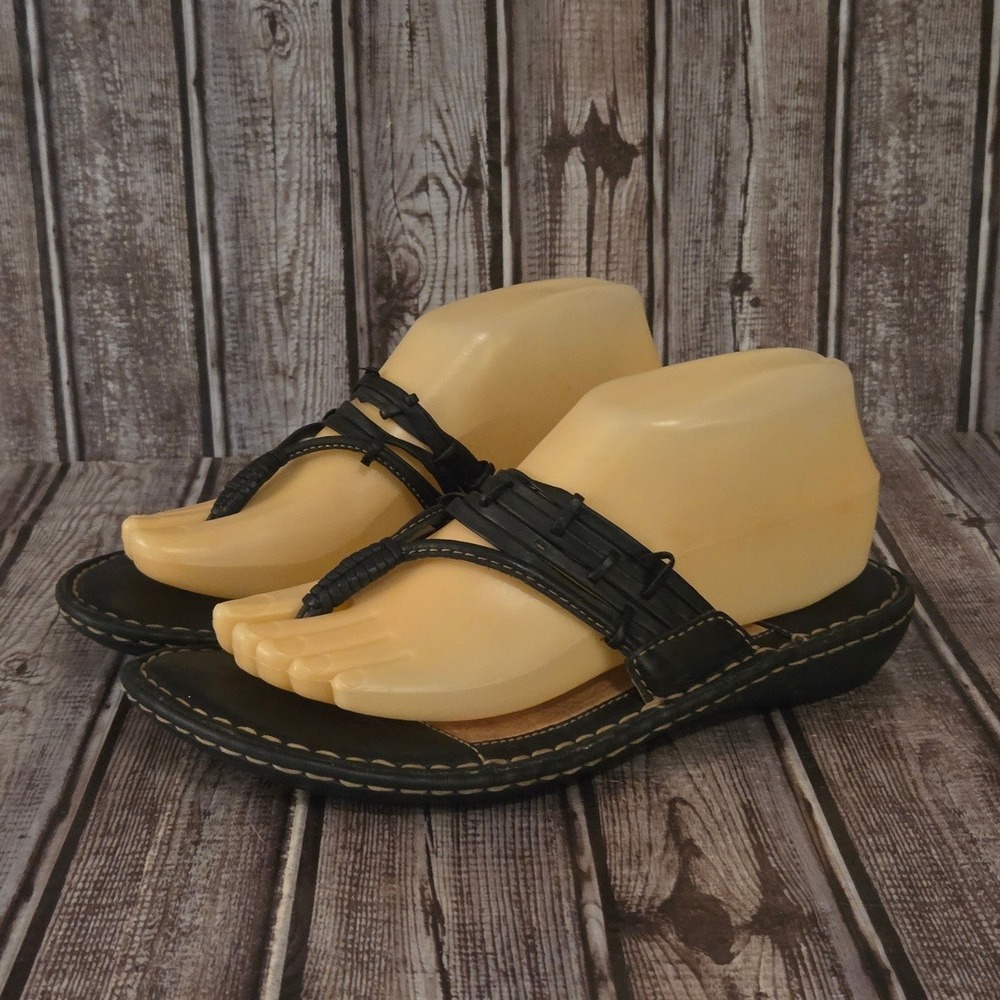 Sz 8 Women's Born Black Leather Strappy Thong Comfort Flat Sandals VGUC!